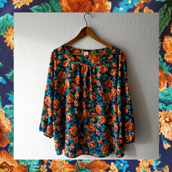 Zenobia Blue and Orange Floral Blouse - Picture 1 of 5